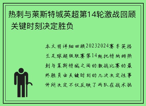 热刺与莱斯特城英超第14轮激战回顾 关键时刻决定胜负